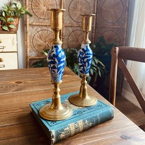 Pair of Vintage Brass and Porcelain candlestick holders